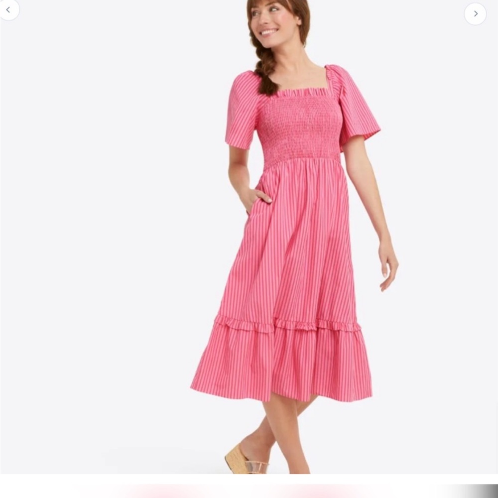 Draper James Deana Smocked Dress Tonal Stripe Pink Cotton Midi Puff Sleeve XXL